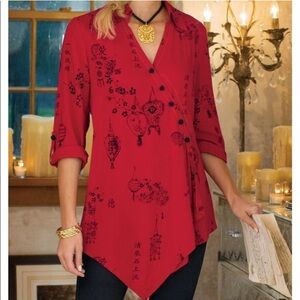 Soft Surroundings Pagoda Tunic XL Blouse Oriental Asian Red Black Office Career